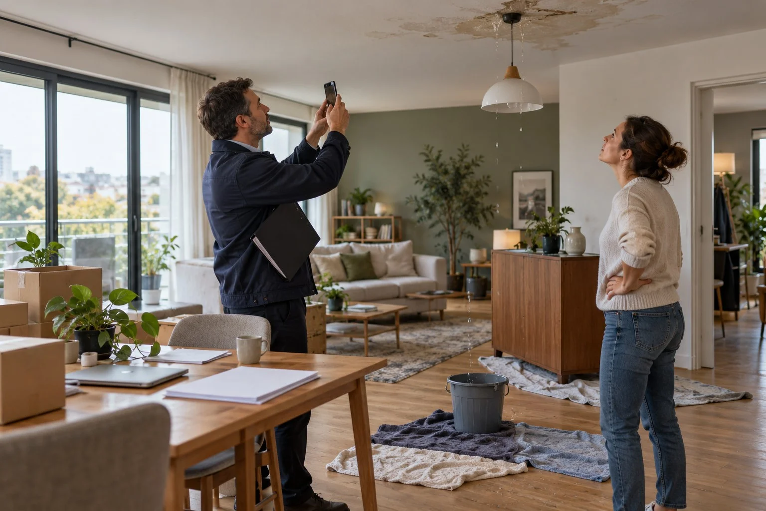 Un expert photographie le plafond d’un salon après une fuite